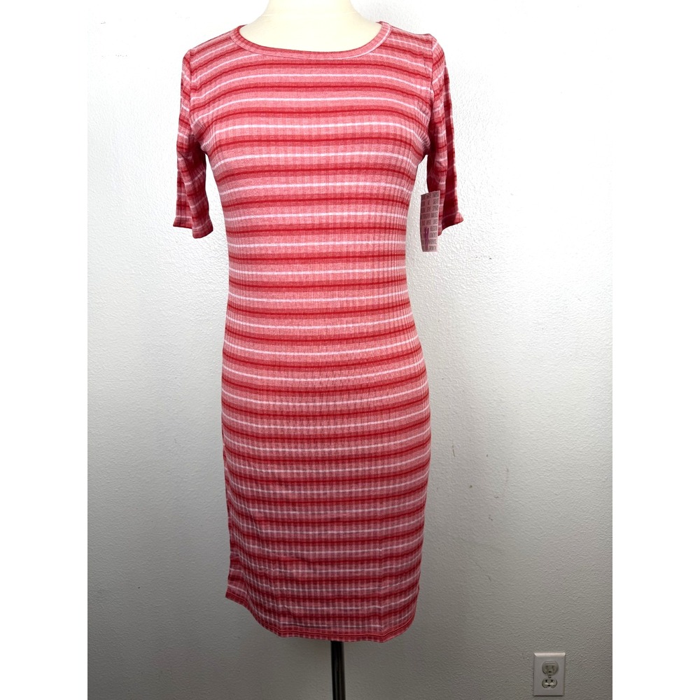 NWOT LuLaRoe Julia Red Multicolor Dress Striped Print Ribbed Size M